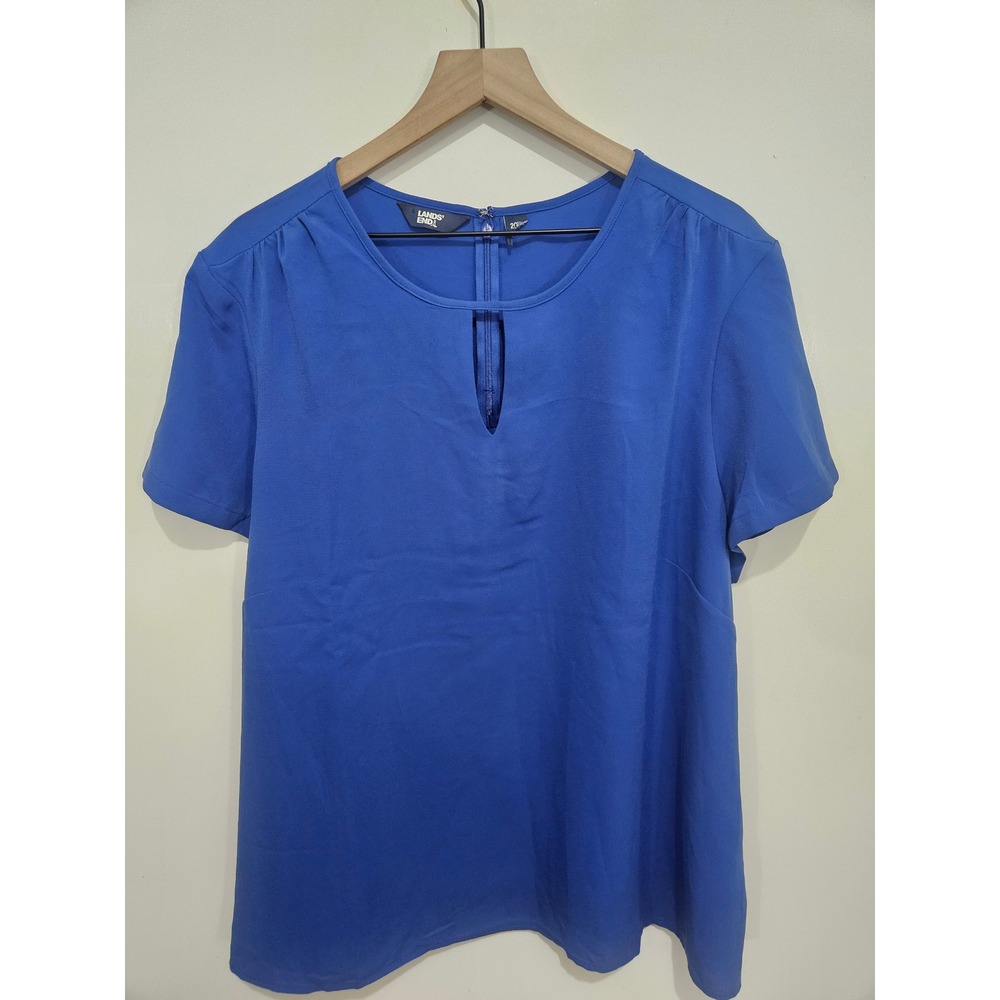 Lands' End 20W Cobalt Blue Keyhole Crepe Blouse Short Sleeve Plus Size Work